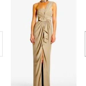 BCBGMAXAZRIA PUMICE BARBARA ONE SHOULDER SATIN GOWN